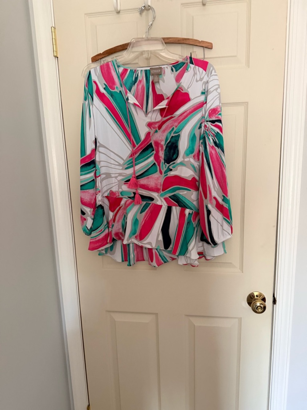 Chico's White Blouse with Pink and Teal Abstract Print